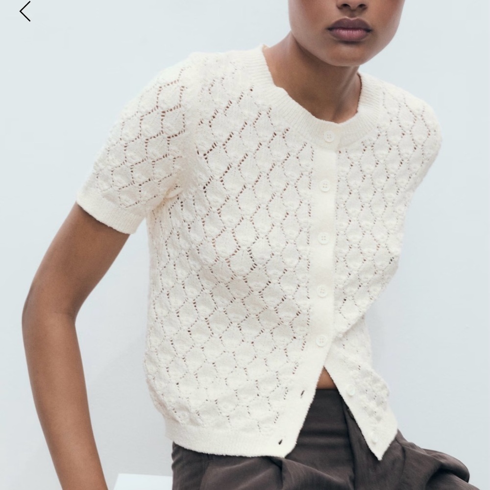Mango SHORT-SLEEVED OPENWORK KNITTED CARDIGAN in cream color